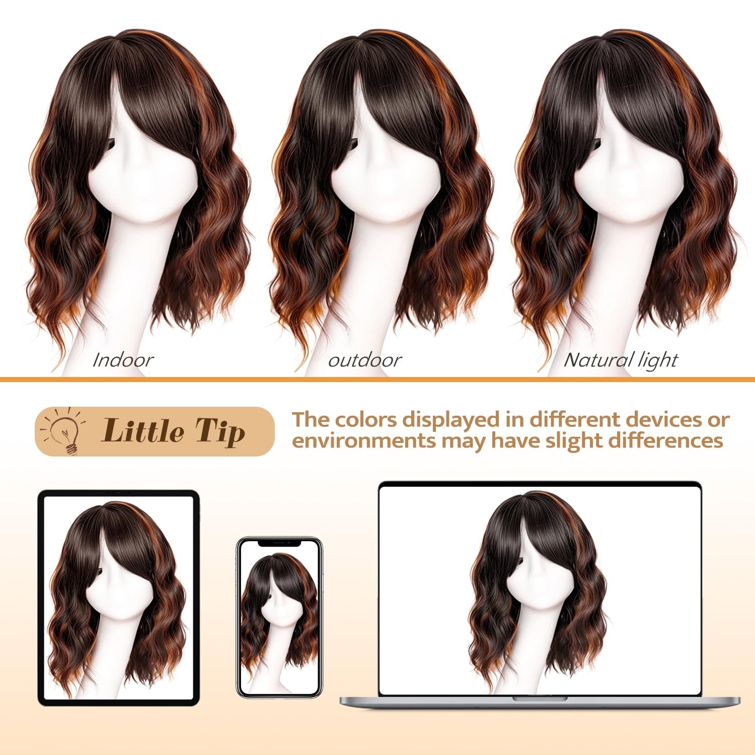 Black Mixed Brown Wig with Bangs Short Wavy Bob Wigs for Women Synthetic 14 Inch
