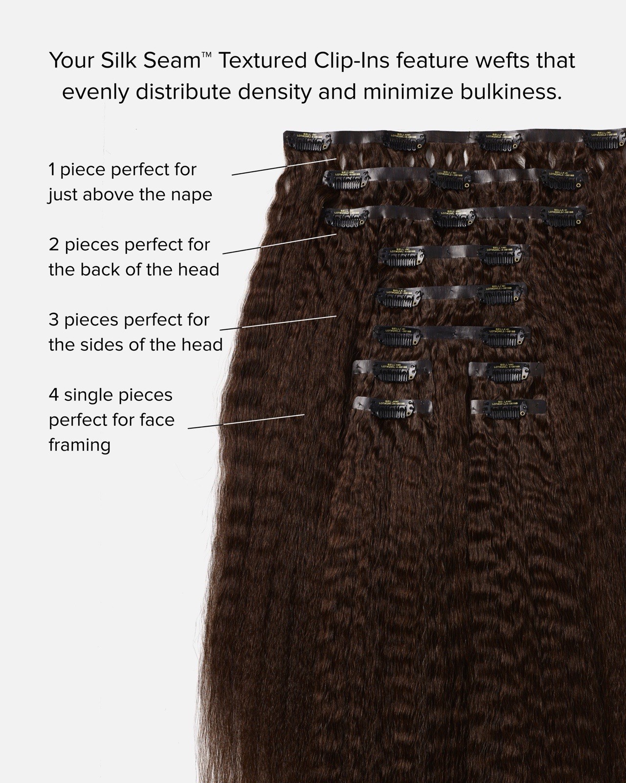 BELLAMI Silk Seam Textured Clip Ins NEW Dark Brown Ash Brown Ombre Blowout 24”