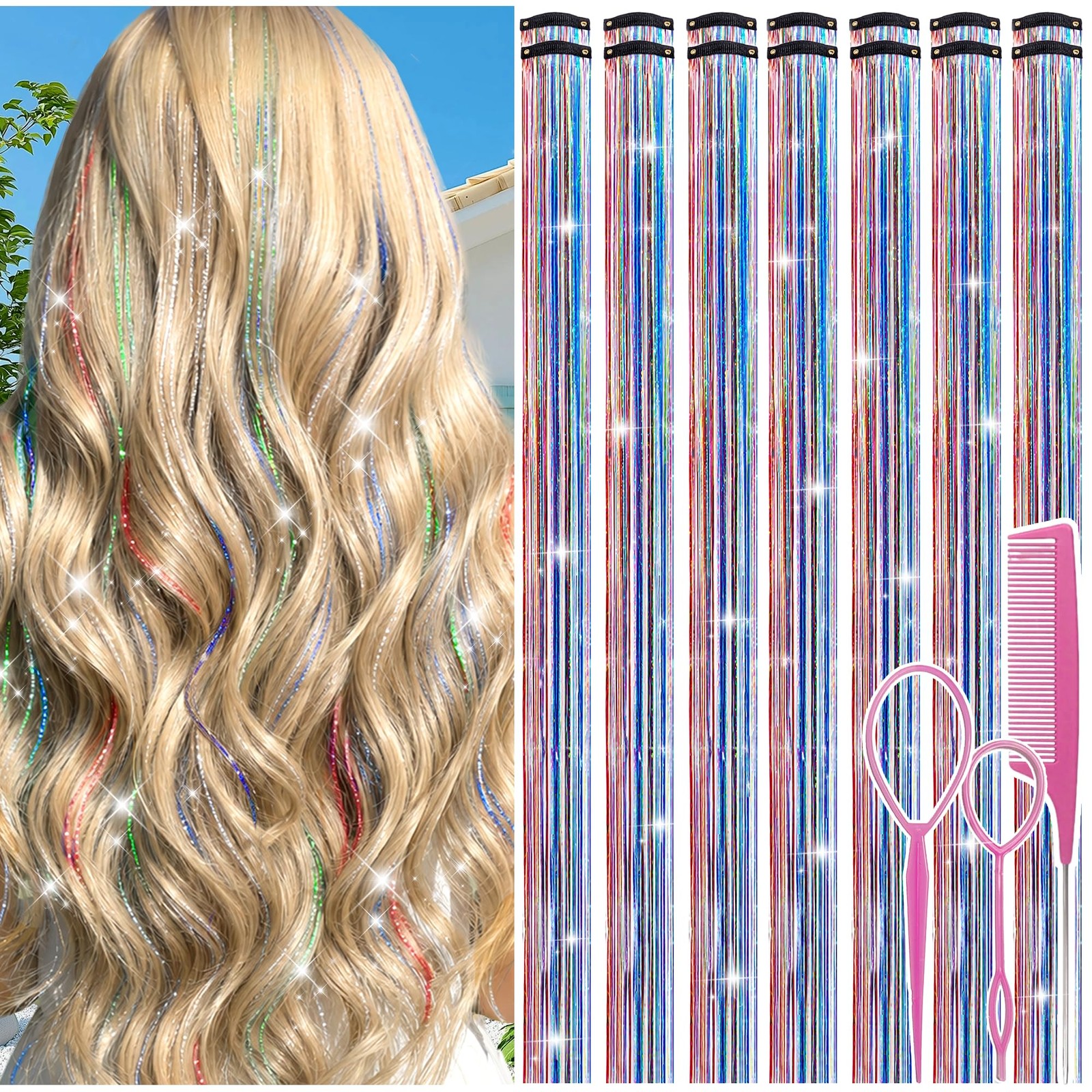 Clip in Hair Tinsel, 14 Pcs Colorful Glitter Hair Accessories for Women Girls…