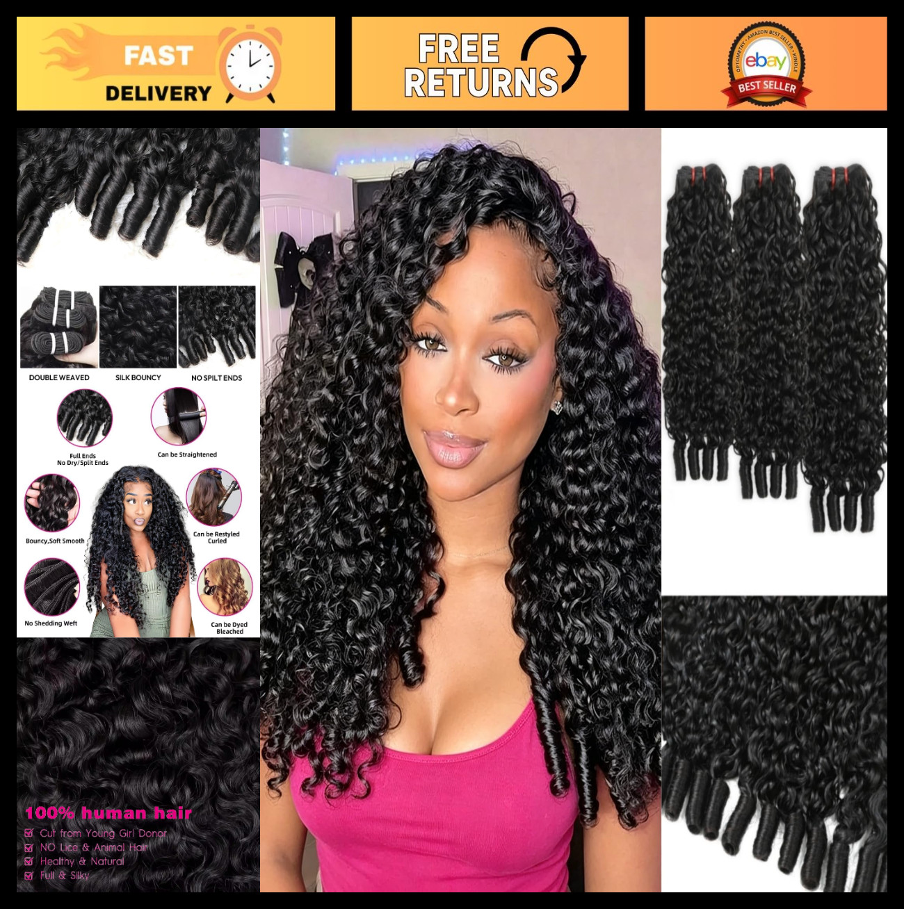 16-20 Inch Burmese Curly Hair Bundles – 3 Pack Water Wave Spiral Curls, Natural