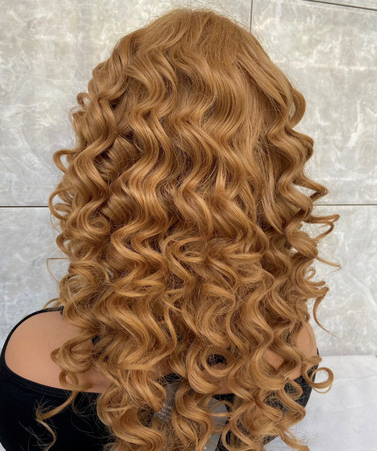 Long Wavy Curly Light Auburn Mix Human Hair Blend Heat Ok Wig Women Soft Natural
