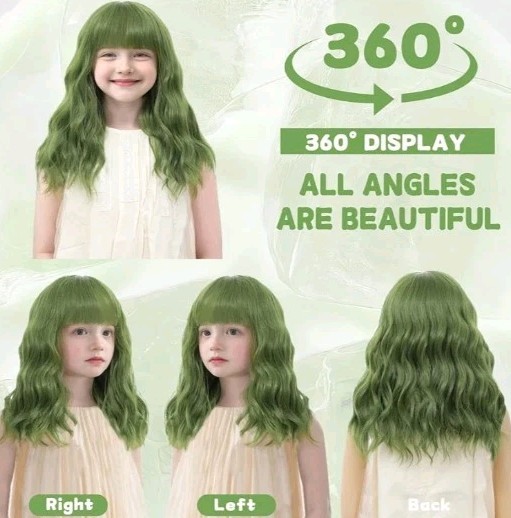 Kids Olive Green Wig with Bangs 14 Inch Halloween Cosplay Wigs for Kids Girls…