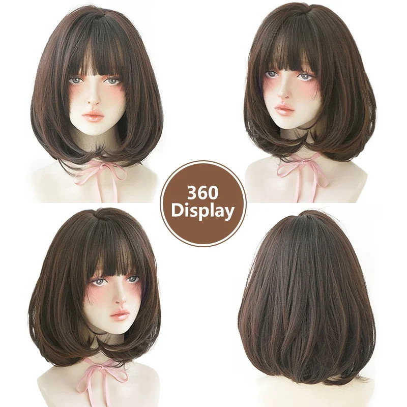 7JHH Short Chocolate Bob Wig Synthetic Straight Layered Wig with Bangs