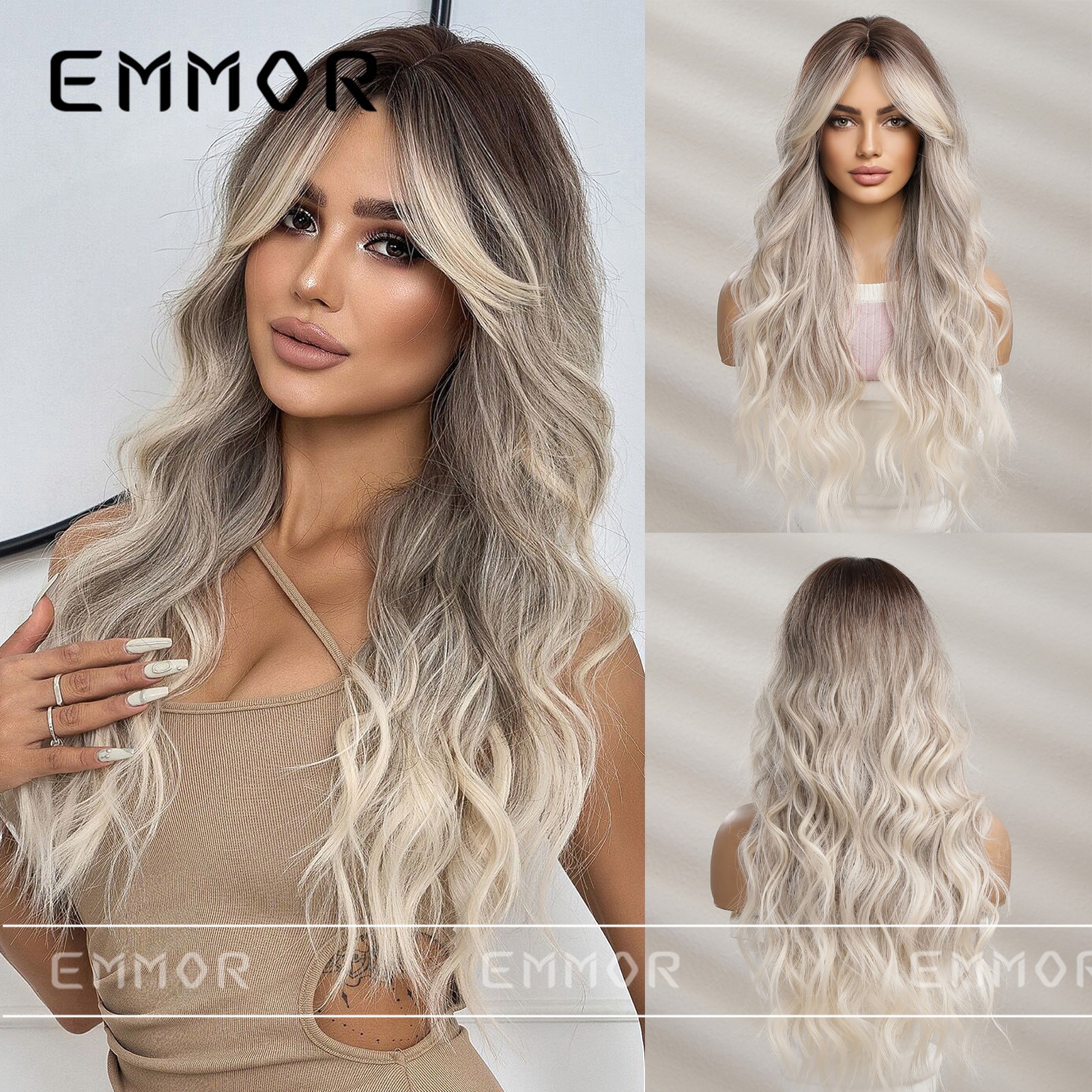 New Big Wave Long Curly Wig Black to Grey Ombre Side Bangs Synthetic Full Head