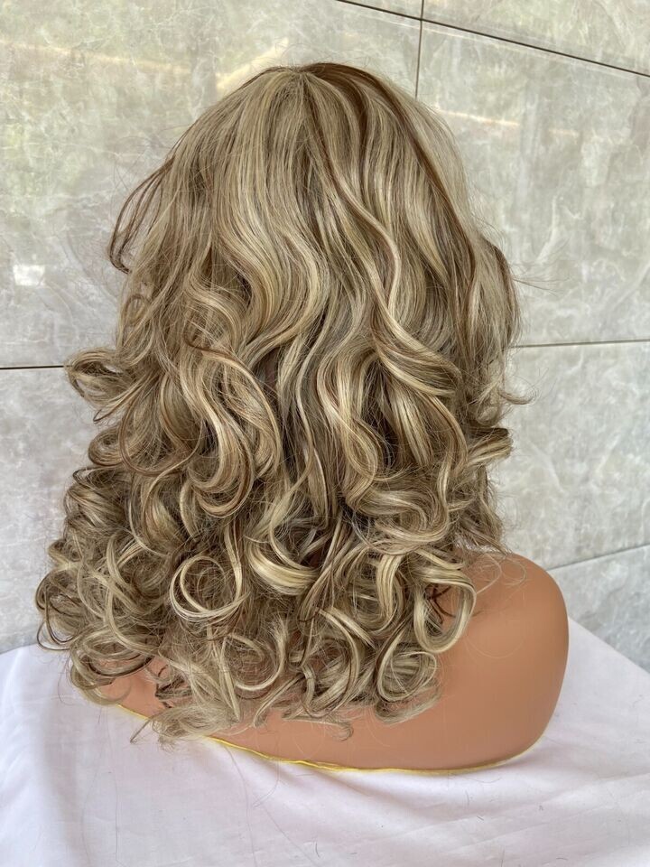 Long Wavy Curly Blonde Mix Capless Synthetic Hair Wig With Bangs Women Natural
