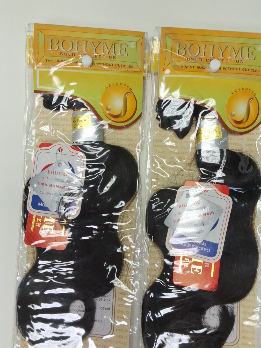 2 Packs Bohyme Gold Human Hair Without Cuticles, Wave Color#1 , Length 14″ Weft