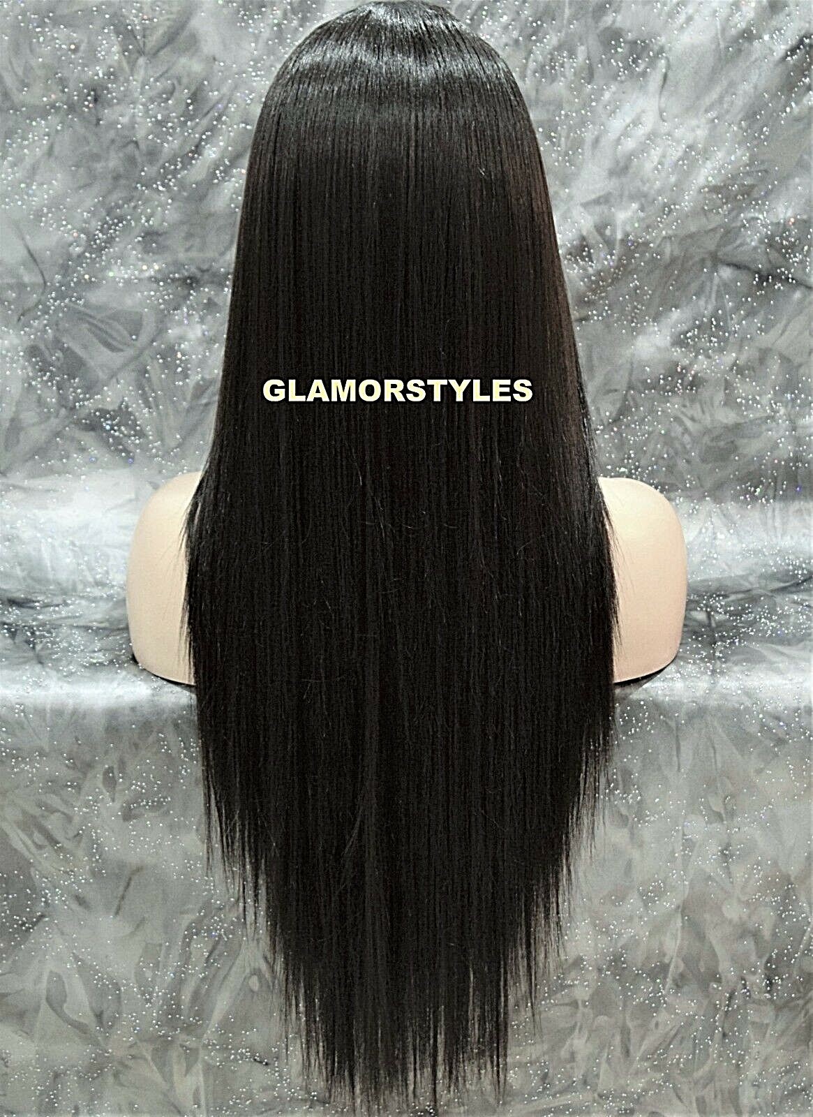 LACE FRONT FULL WIG LONG STRAIGHT LAYERED MIDDLE PART JET BLACK #1 HEAT OK