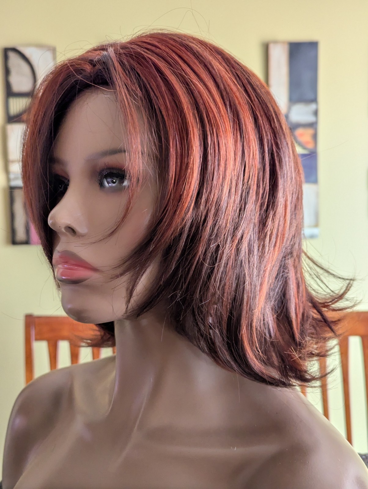 Mid Length Synthetic Layer Cut Wig Color Bright Auburn 33/130 Partial Skin Top