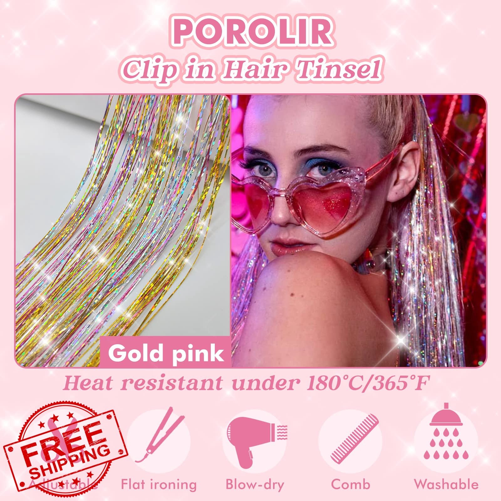 POROLIR 6Pcs Glitter Tinsel Hair Extensions Gold Pink 20 Inch