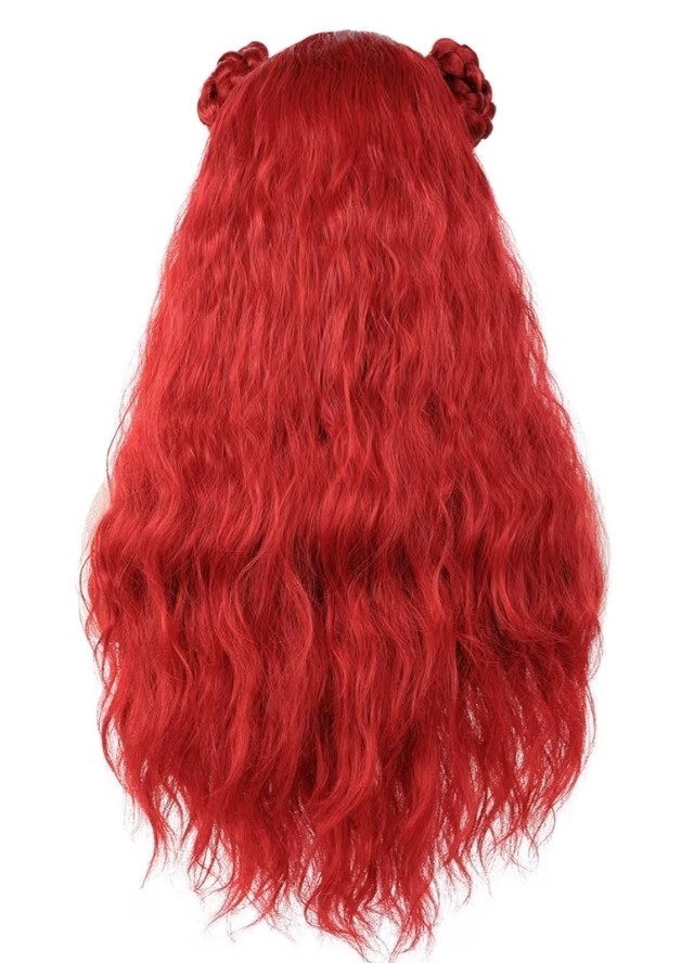 Long Curly Red Cosplay Wig with 2 Buns for Halloween Birthday Costume Brand New