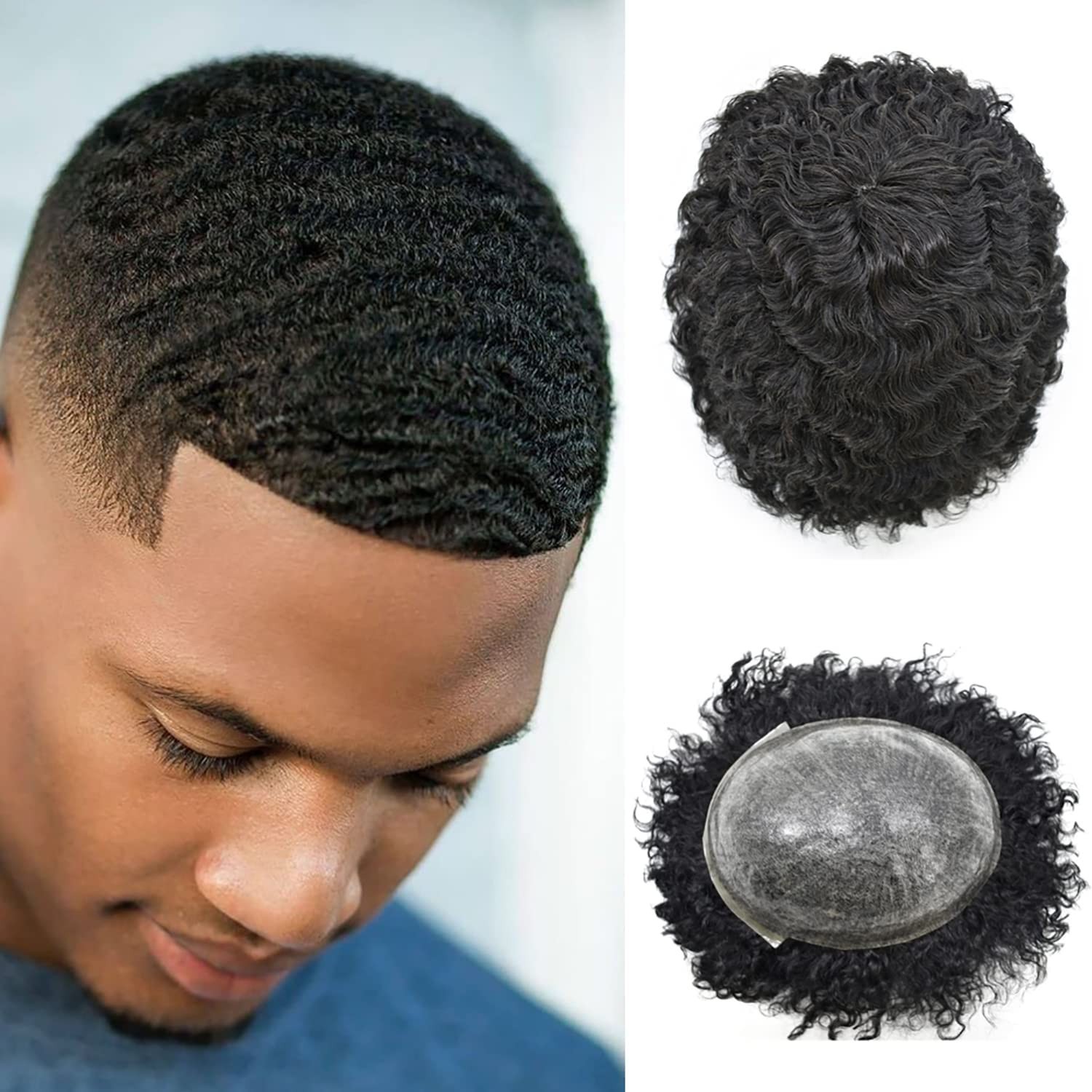 Toupee For Men 20mm Curly 100%Human Hair Mens Toupee Hair Pieces Wavy Kinky Hair
