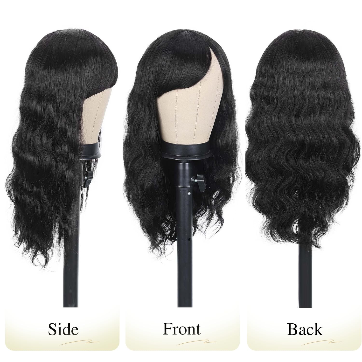 Wiger Natural Wave Human Hair Wigs Bangs Upgraded Real Hairline Black Loose