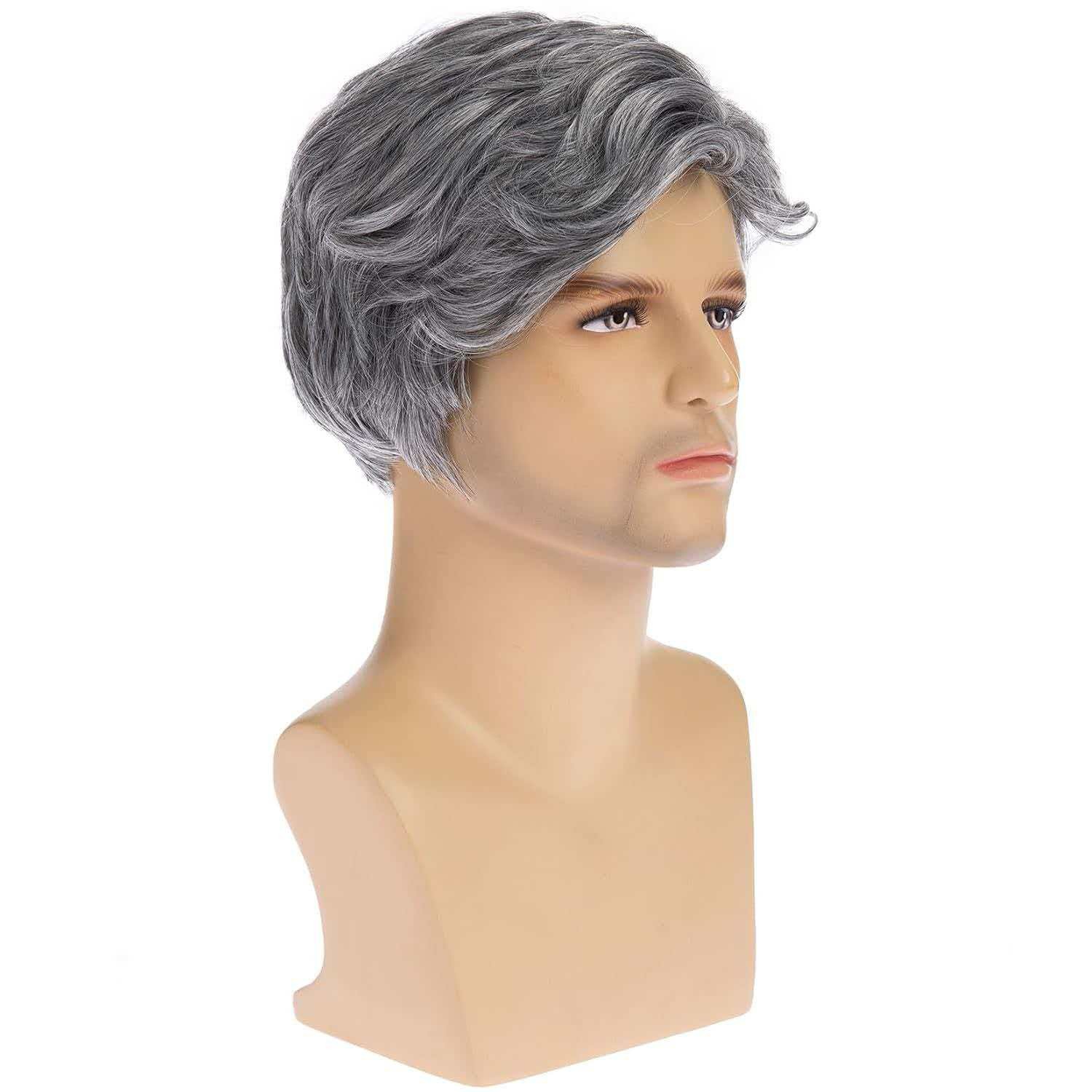 Men’s 6in Short Silver Gray Wavy Wig Full Heat Resistant Synthetic Cosplay