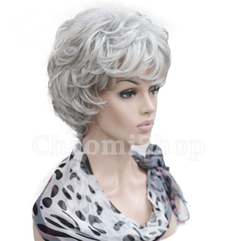 Women’s Wig Short Black Brown Grey Mix Curly Wave Ladies Daily Hair Wigs