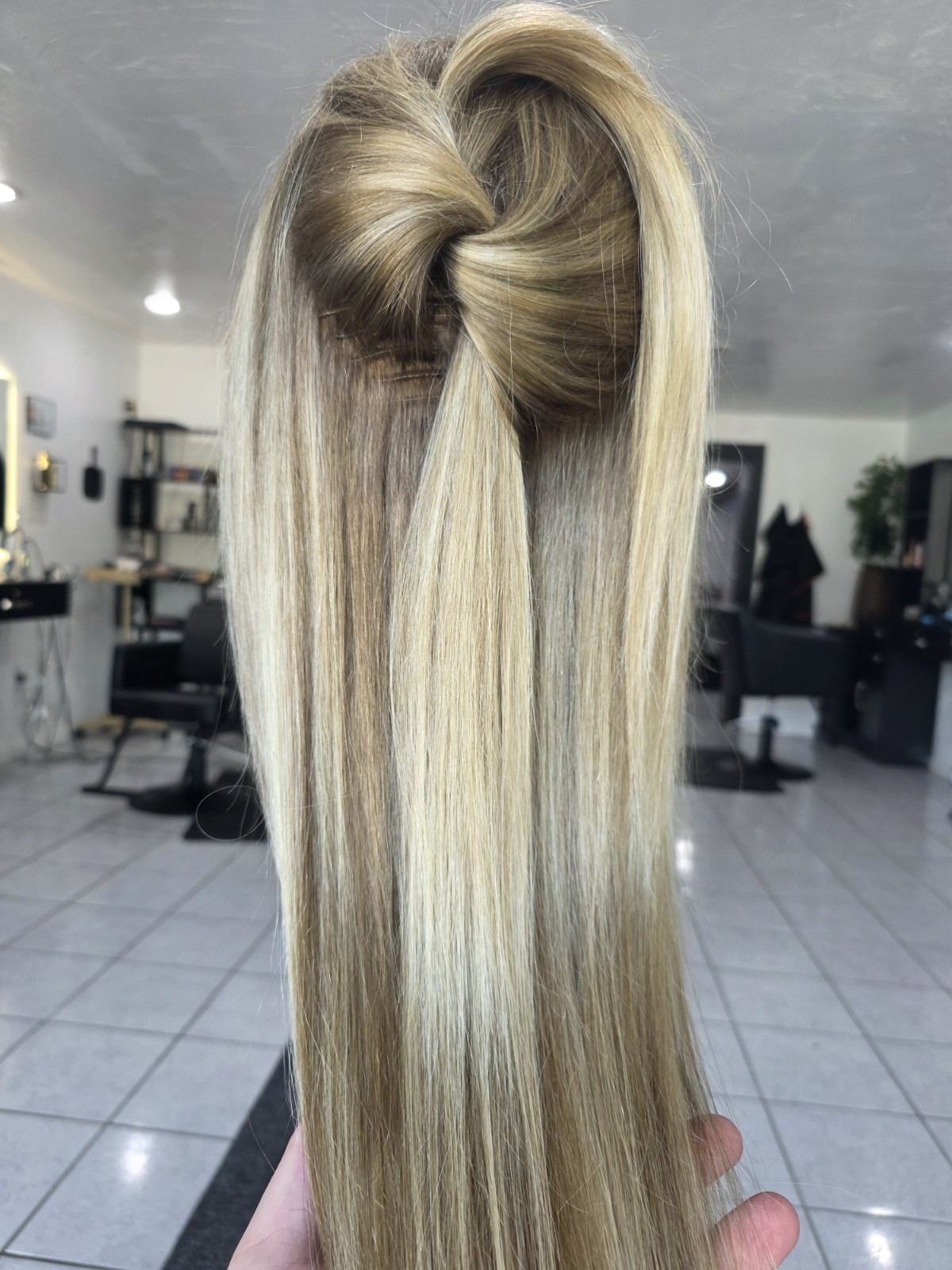 30-inch custom-colored wig crafted from virgin human hair, designed to emulate