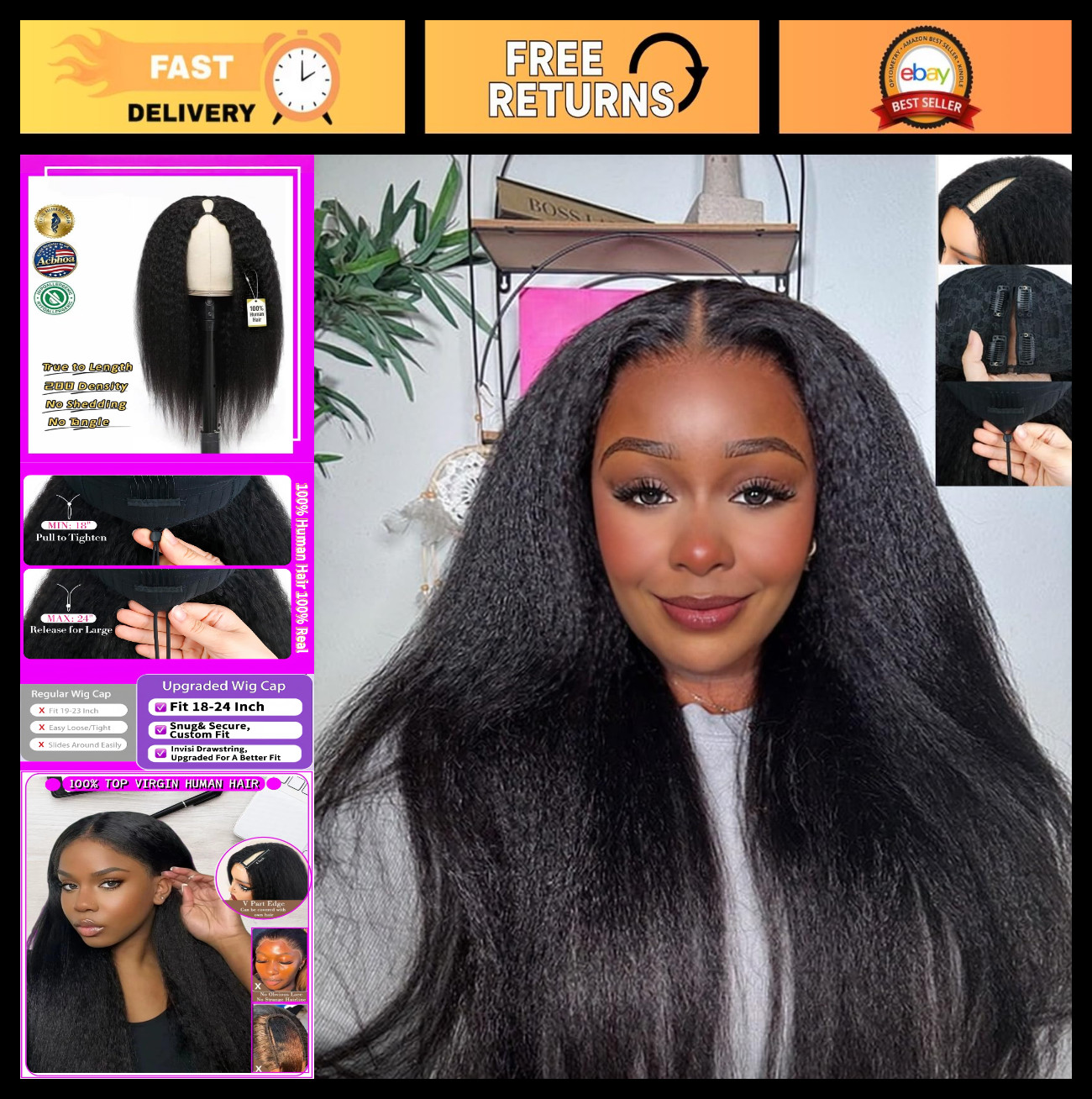 24″ Kinky Straight Human Hair V Part Wig, 200% Density, Glueless Clip-In Half Wi