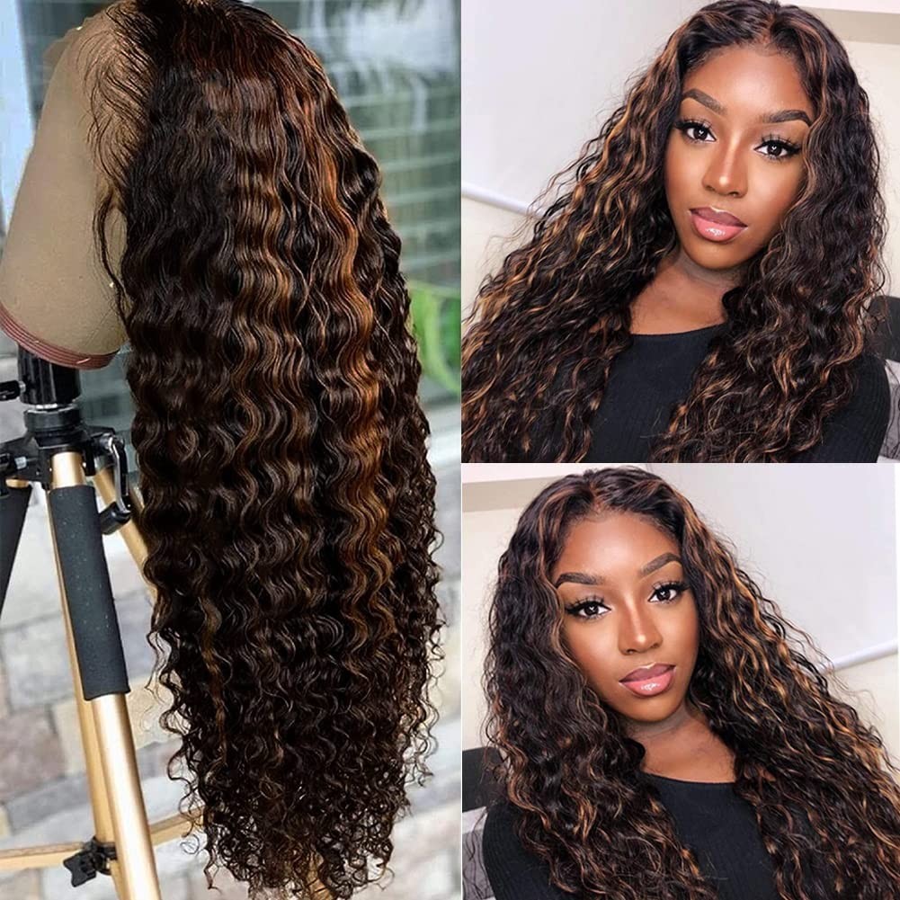 24″ Ombre Lace Front Wig Human Hair, Pre-Plucked Deep Wave, 180% Density, Gluele