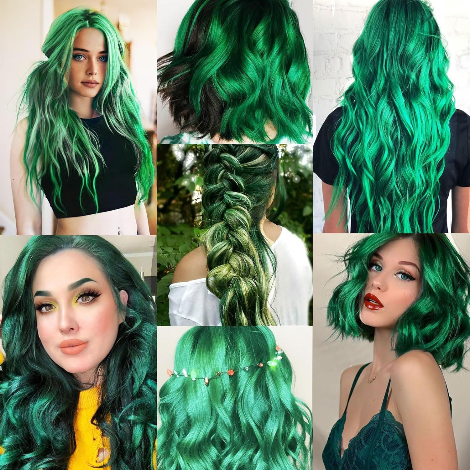 12 PCS Dark Green Clip-In Straight Hair Extensions, 20 Inch Colored Party Synthe