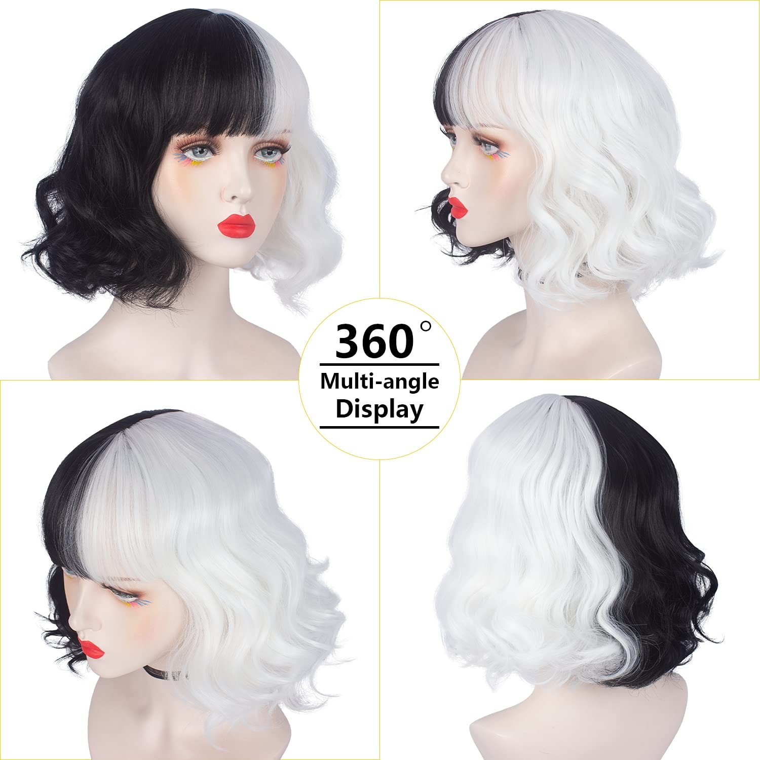 Black and White Wig for Women Short Curly Wavy Wig with Bangs Heat Resistant …