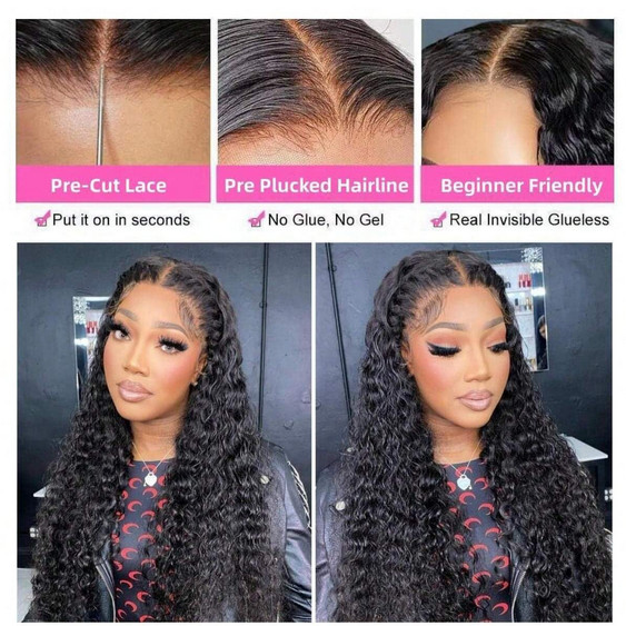 5×5 Deep Wave Transparent Lace Wigs Natural Color Quickly Put OnH uman Hair