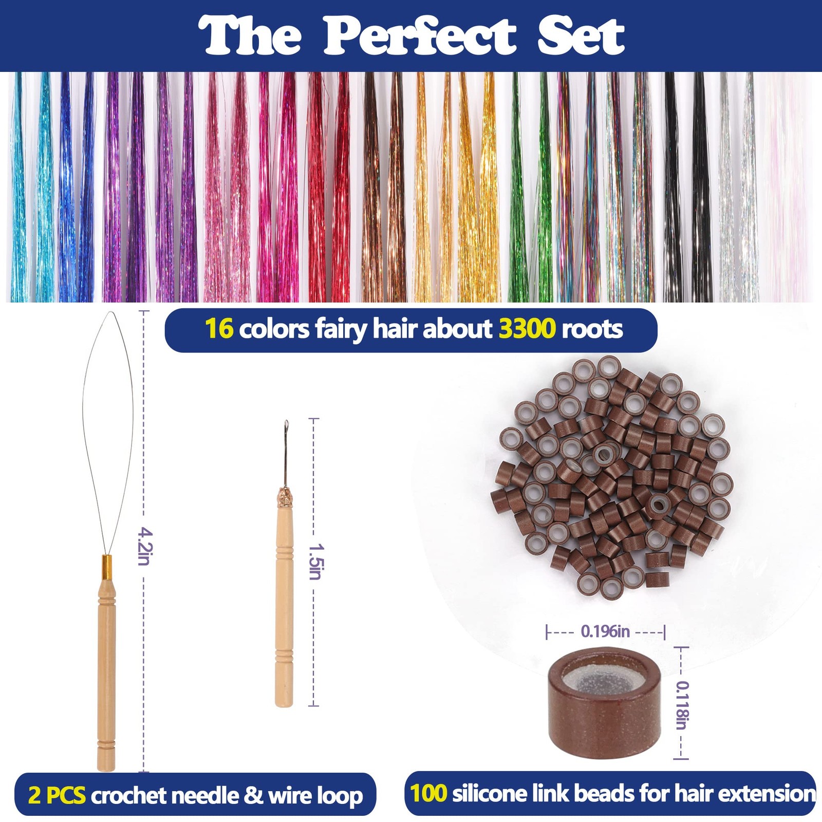 16 Colors Hair Tinsel Kit, 48 Inches 3300 Strands Tinsel Hair Extensions, Fai…
