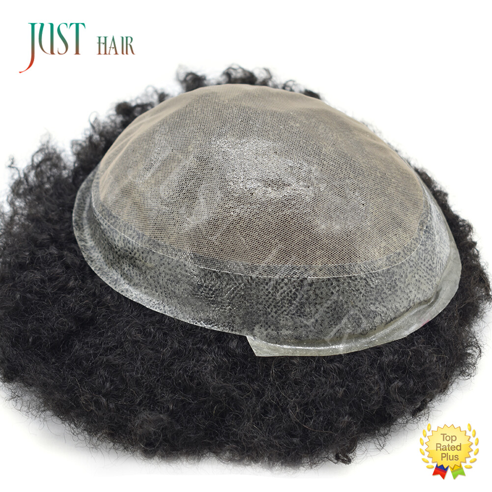 Black Afro Curl Mens Toupee Breathable Lace Poly PU African American Hair System