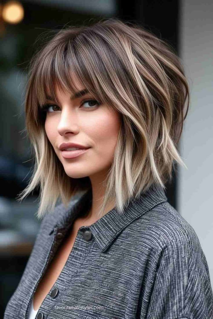 Short Layered Ombre Brown Blonde Bob Lace Front 100% Human Hair Wigs with Bangs