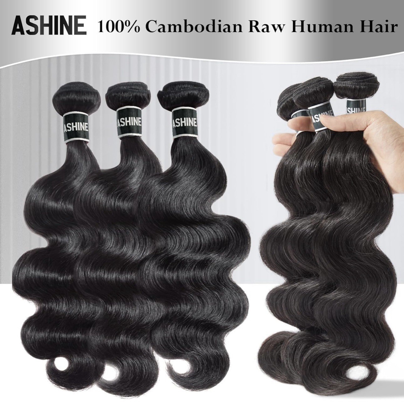 ASHINE Human Hair Bundles Body Wave Straight Unprocessed Cambodian 20/22/24”