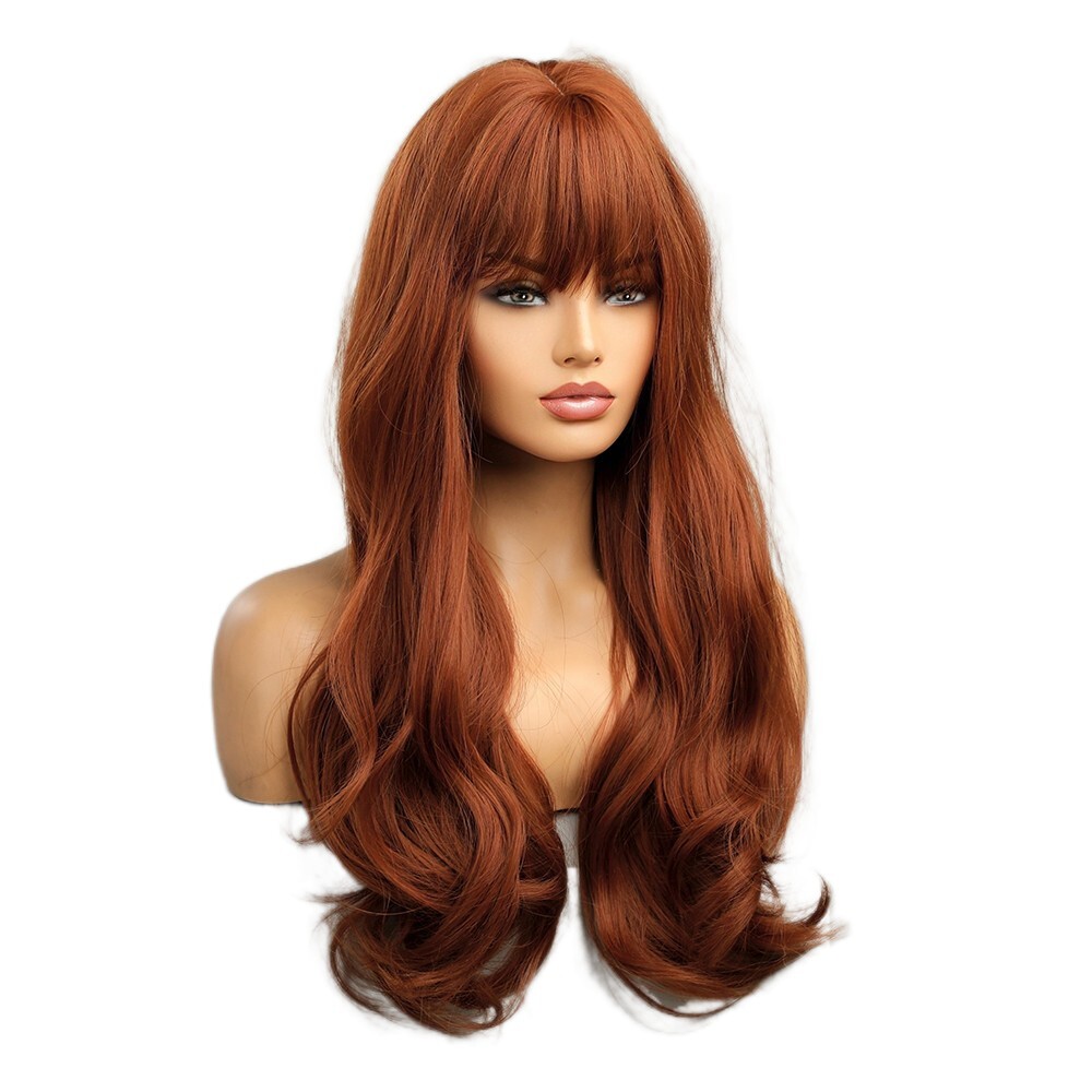 Copper Red Long Wavy Natural Heat Resistant Hair Soft Cosplay Wigs With Bangs