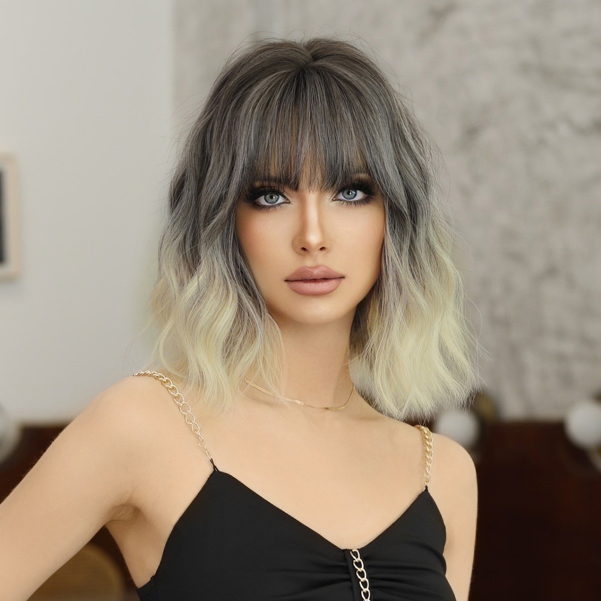 Short Curly Wig White Balayage Ombre with Bangs Japanese Korean Style Natural