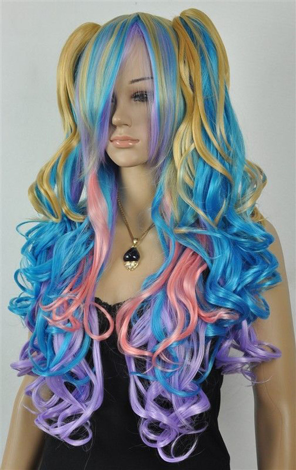 NEW Gothic Lolita Wig + 2 Pig Tails Set Pastel Rainbow Mix Blend Cosplay