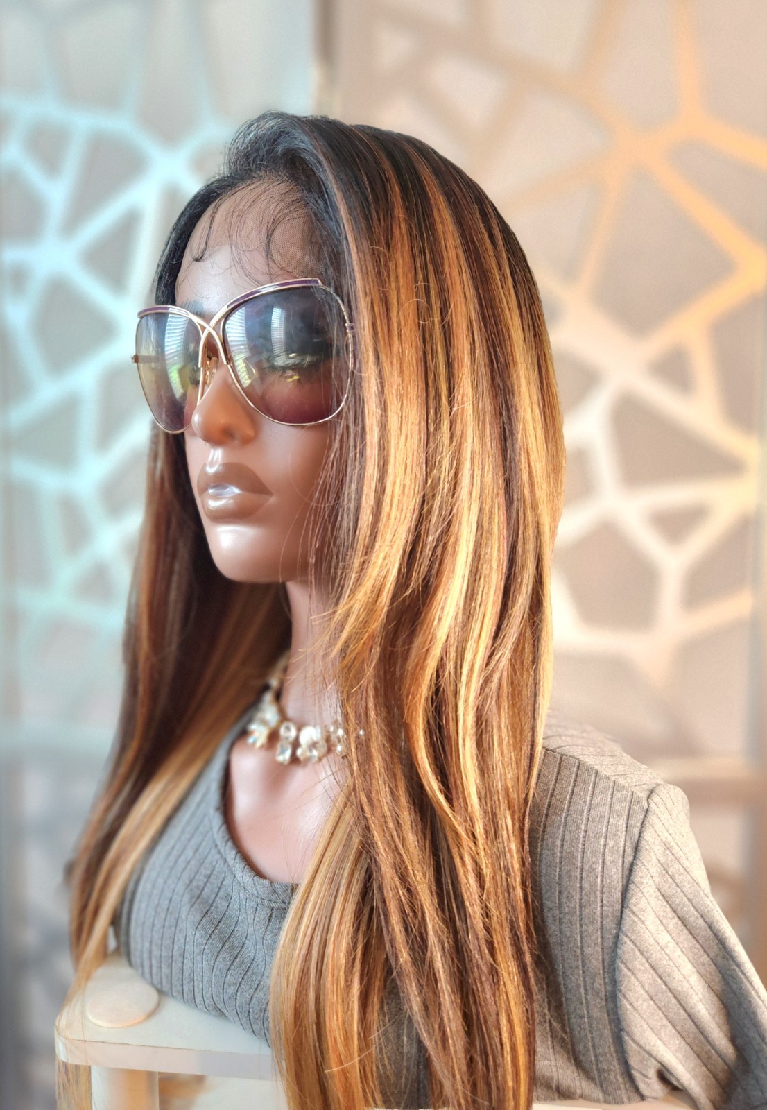 Ombre Blonde Wig Human Hair Blend, Long Straight 13×4 Lace Front Brown Blonde