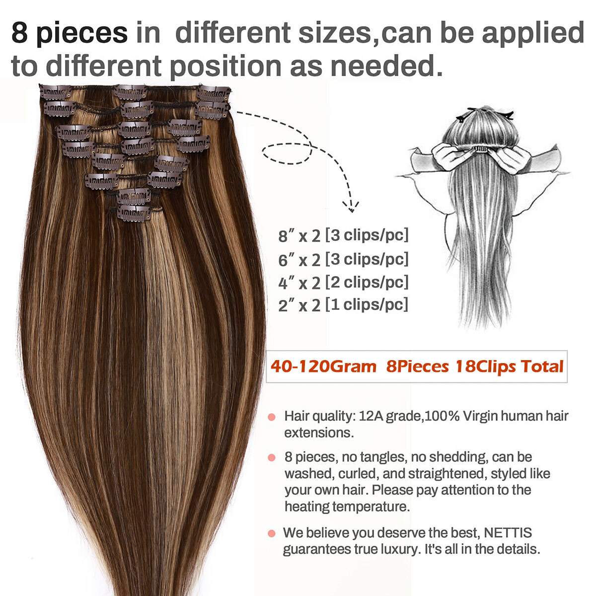 CLEARANCE Clip In 100% Real Remy Human Hair Extensions 8Pieces Full Head Caramel