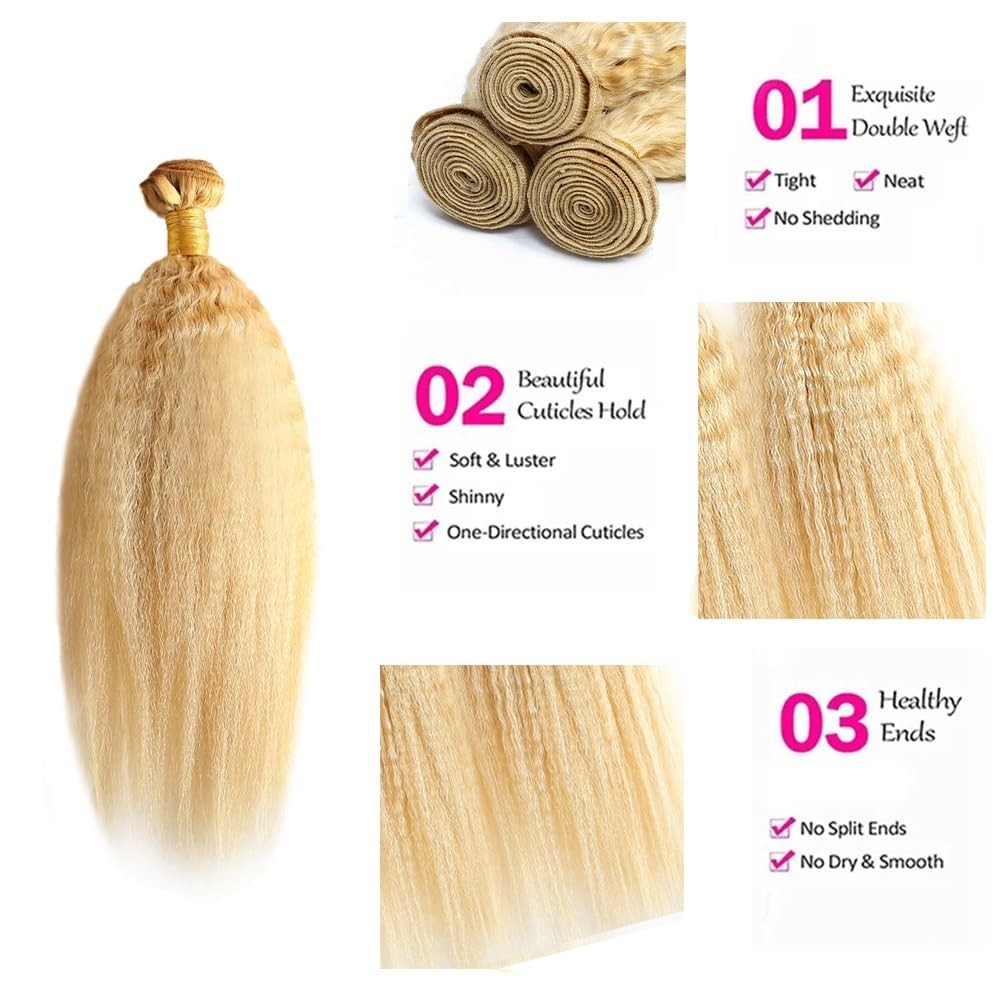 Blonde Kinky Straight Human Hair Extensions 20″ 22″ 24″ 8A Remy Bundles 613 Yaki