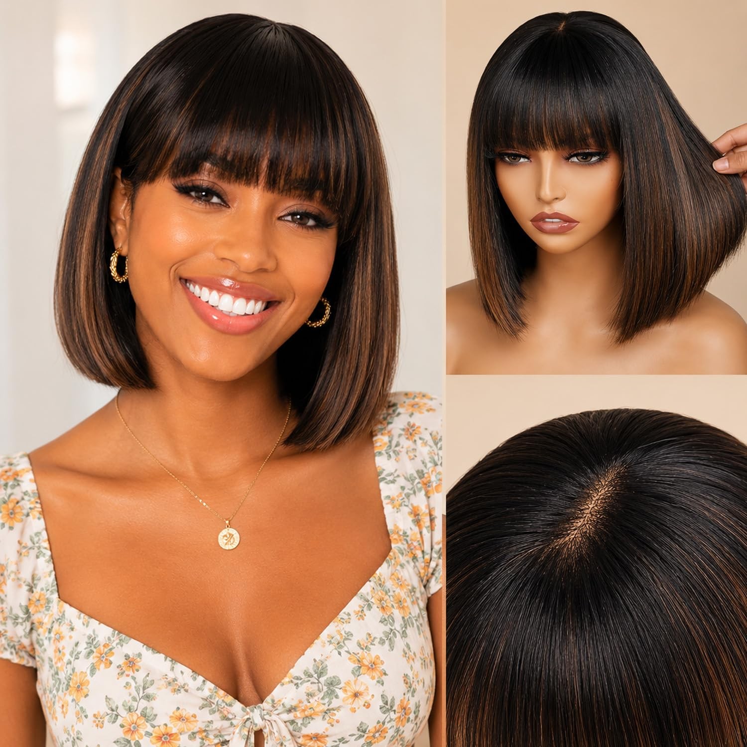 Human Hair Glueless Highlight Bob Wig 1B 3/4 Inch with Bangs Human Hair Wigs