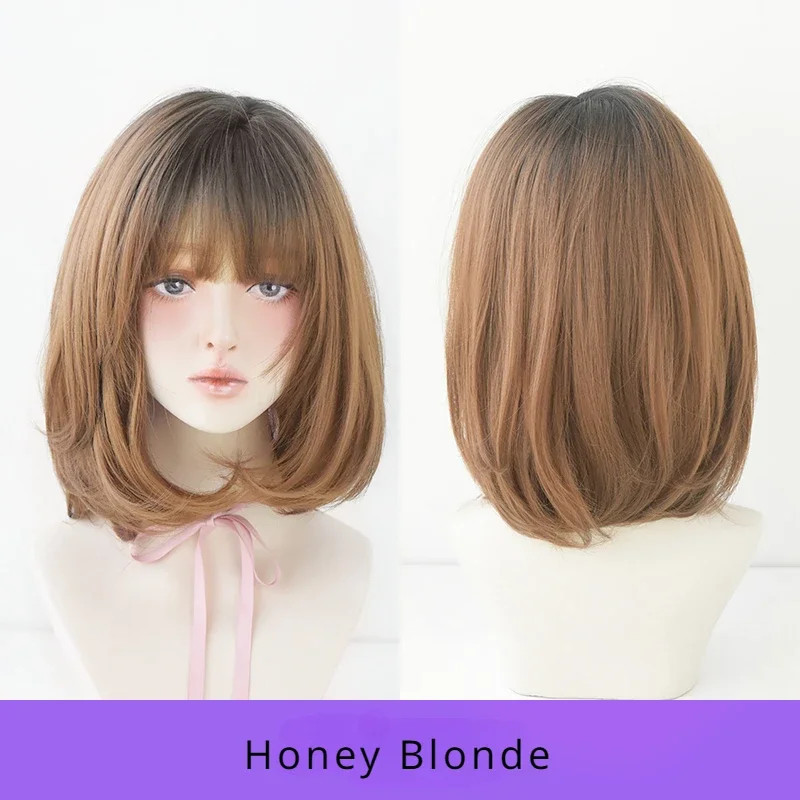 7JHH Short Chocolate Bob Wig Synthetic Straight Layered Wig with Bangs