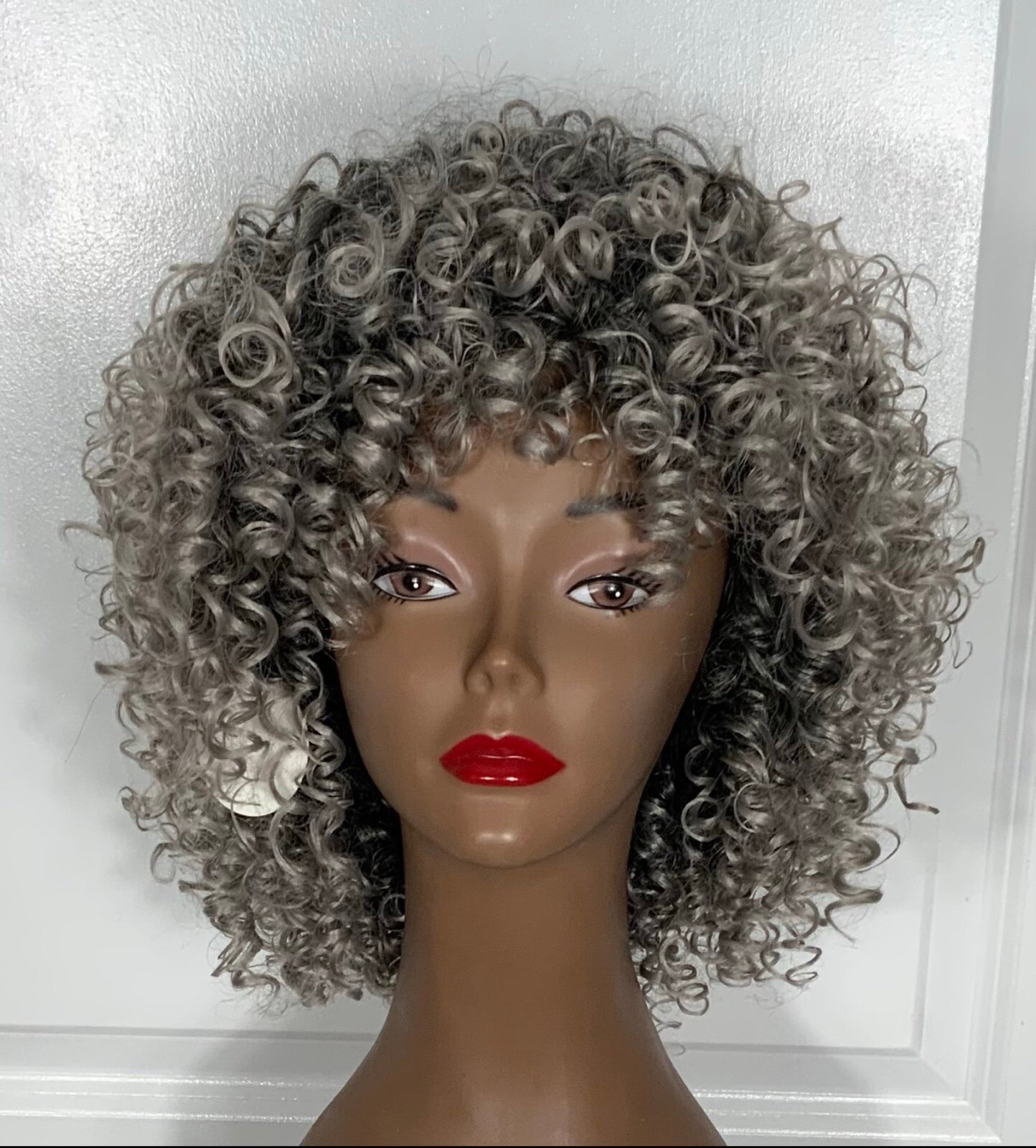 NEW Synthetic Wig Silver Rooted All-Over Spiral Curls MidLength Sz Average 8-18