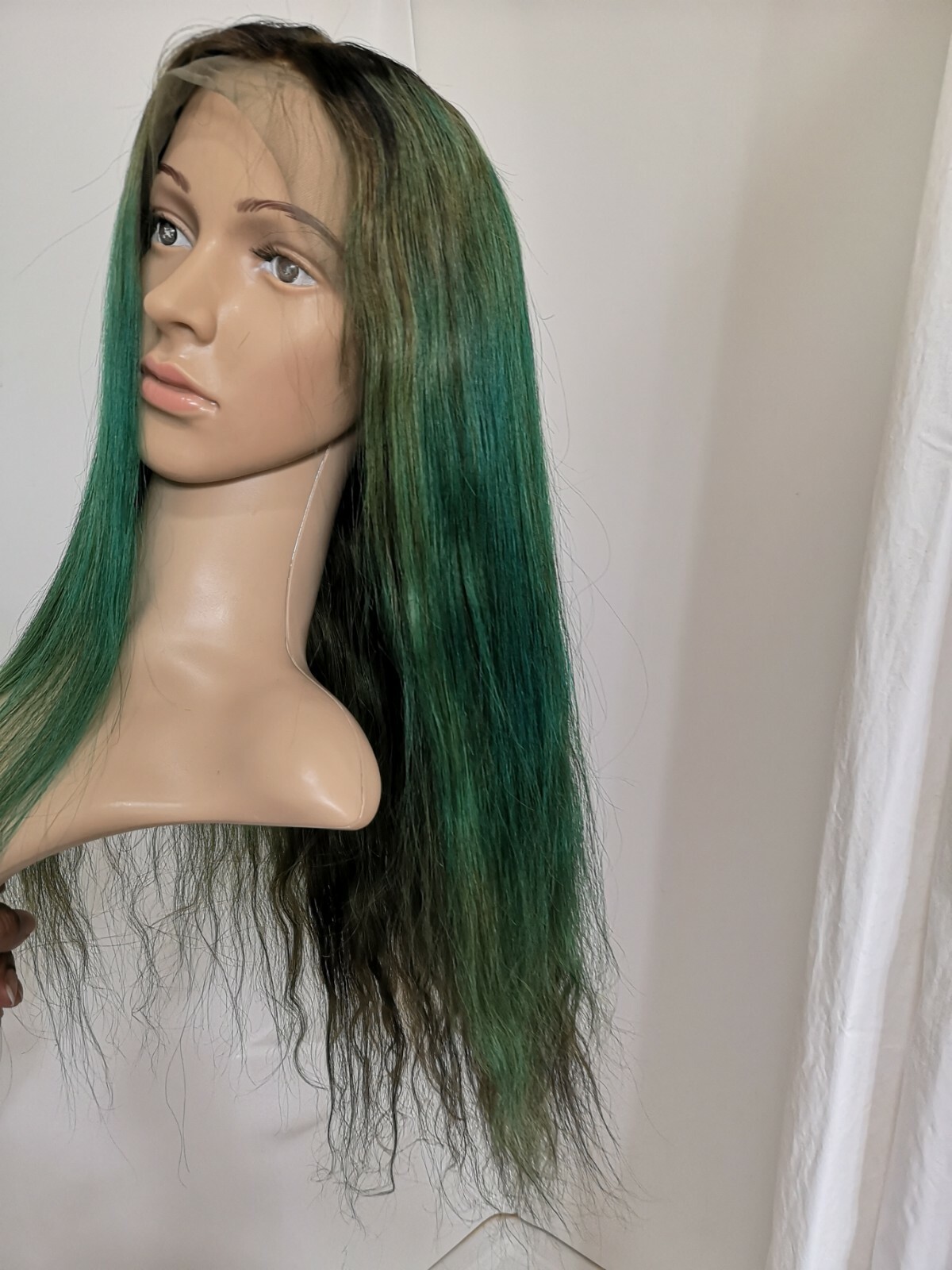 Custom High Quality 24” Soft Silk Green Brown Human Hair Front Lace Wig