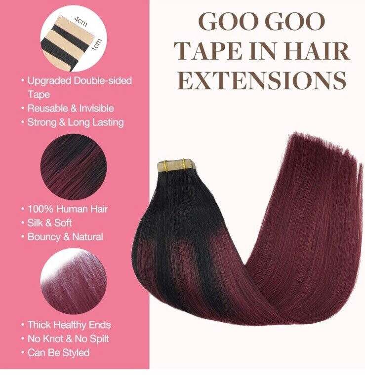 16 + 18 INCH GOO GOO RED/BURGUNDY TAPE IN HUMAN HAIR EXTENSIONS
