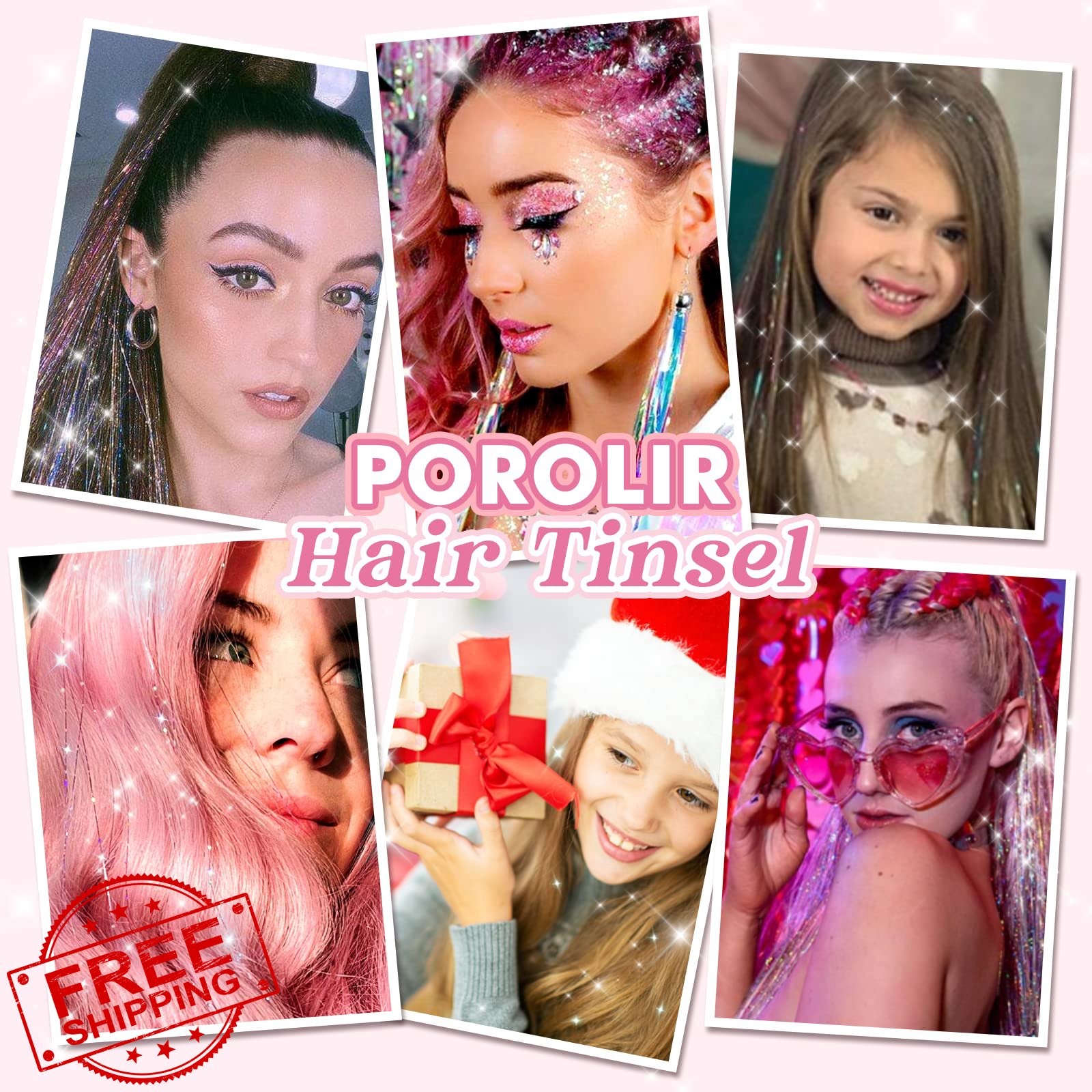 POROLIR 6Pcs Glitter Tinsel Hair Extensions Gold Pink 20 Inch