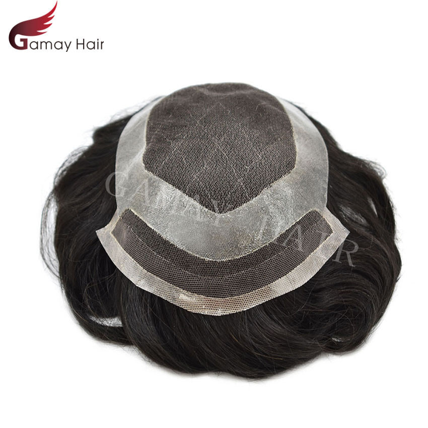Mens Toupee French Lace Wigs Thin Skin Human Hair Replacement Natural Black F4-1