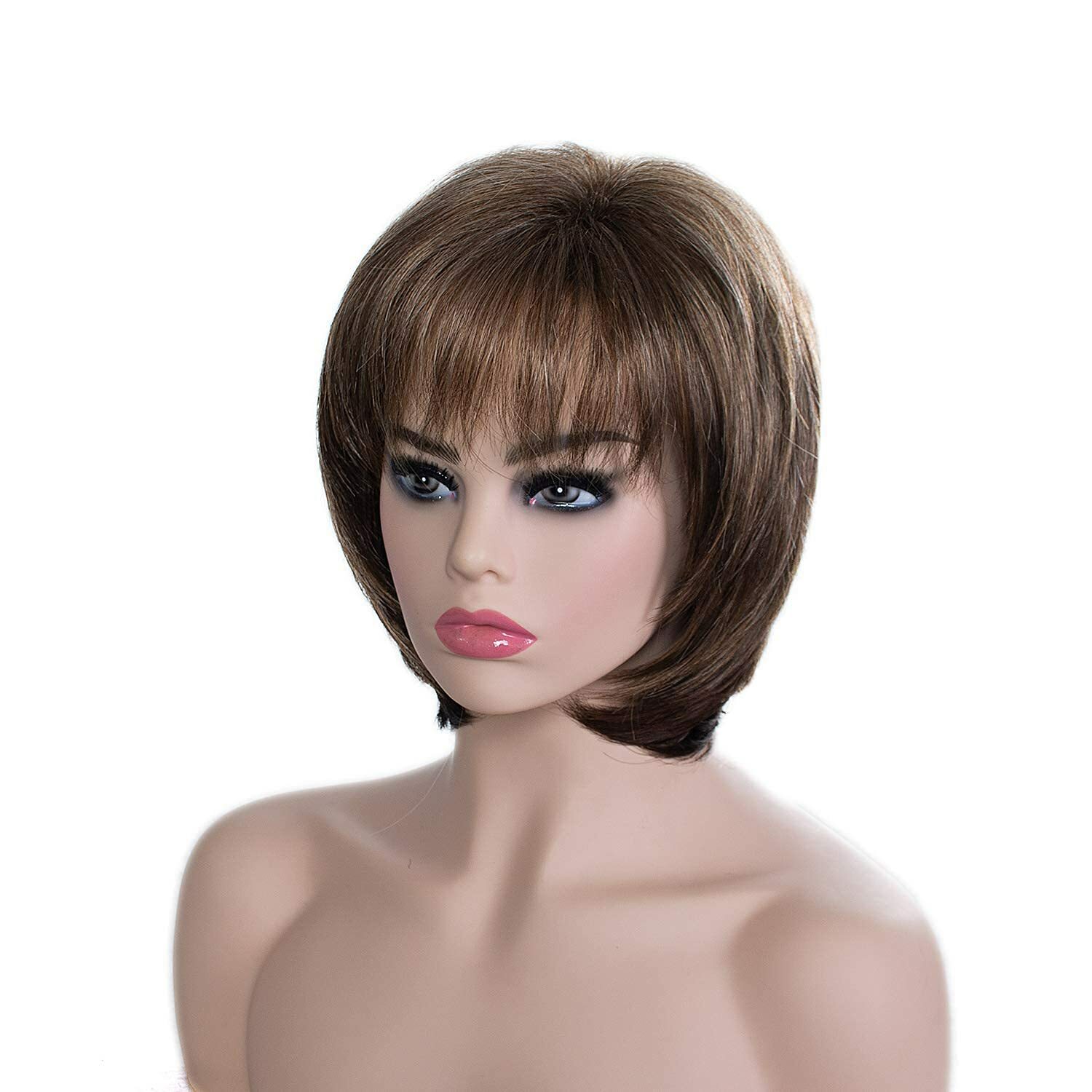 Short Dark Brown Mixed Blonde Highlight Pixie Cut Wigs with Bangs Synthetic Wigs