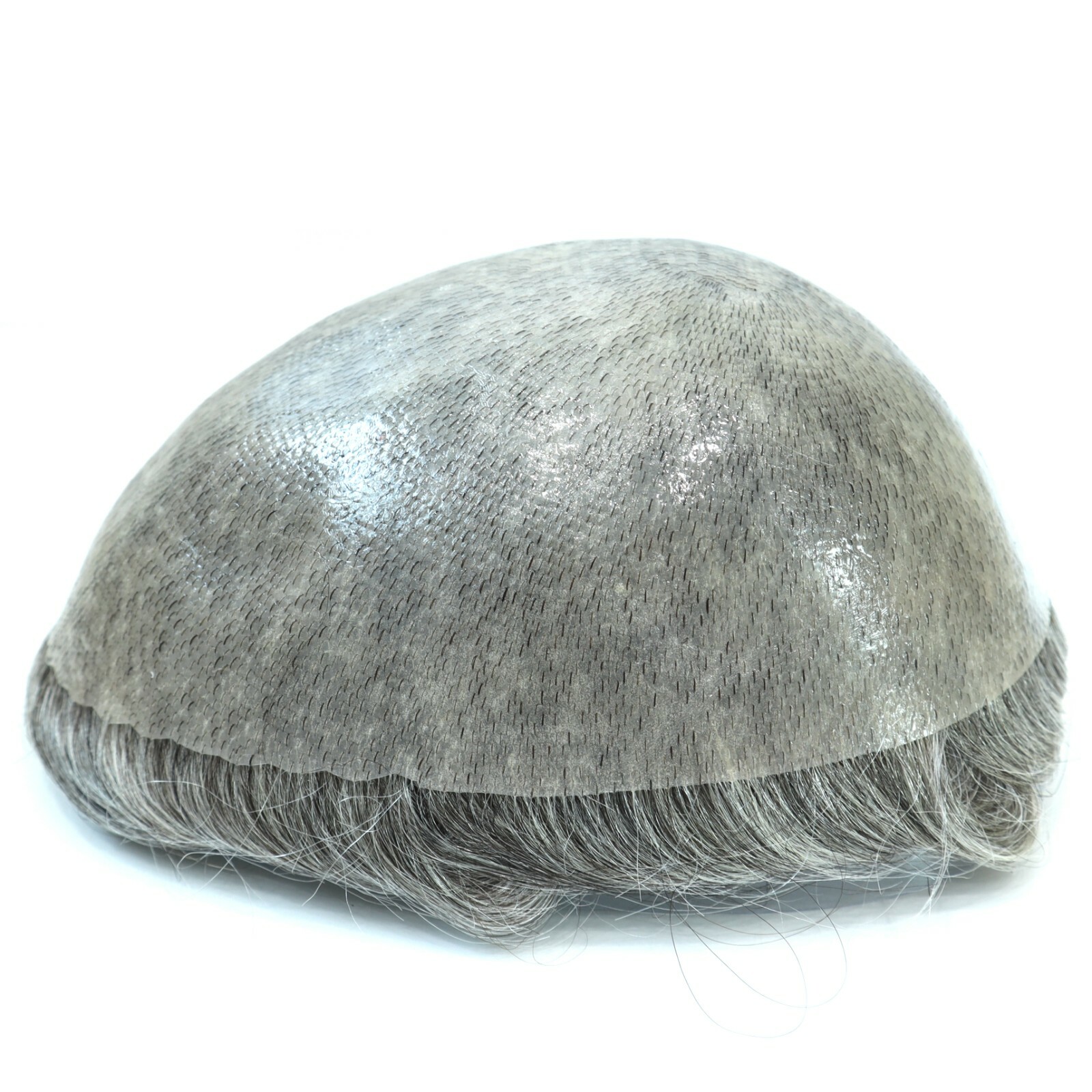 Mens Toupee Human Hair Replacement System Poly Skin V-loop Grey Hairpieces #1B80
