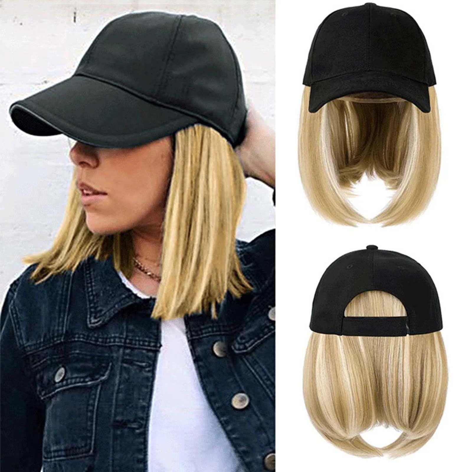 Woman Baseball Cap with Hair Extensions Straight Short Bob Hairstyle Adjustab…