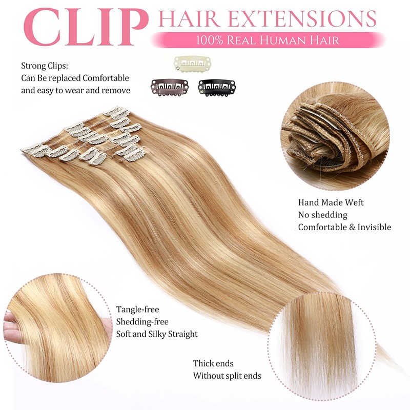 Double Weft 100% Remy Human Hair Extensions Full Head Clip In 8PCS Extra Thick
