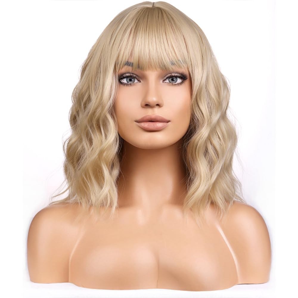 Blonde Wigs for Womens Short Curly Wavy Wig with Bangs Girls Dark Blond Wigs …