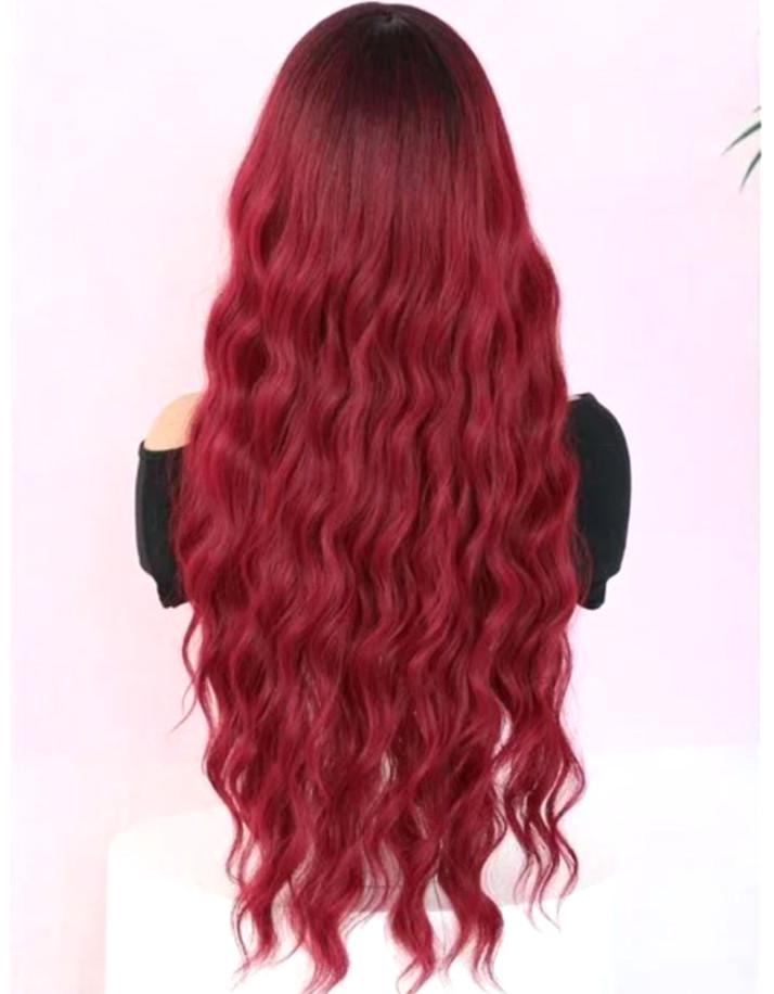 Red Wig w/Bangs Ombre Burgundy Red Color Wet/Wavy Long Loose Curly cosplay/k-pop