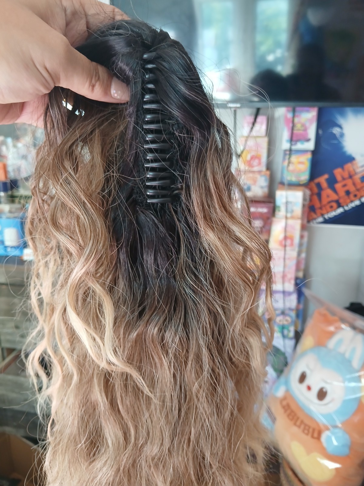Human Hair Mix Blend Ombre Long Curly Ponytail /Wear Wet Or Dry