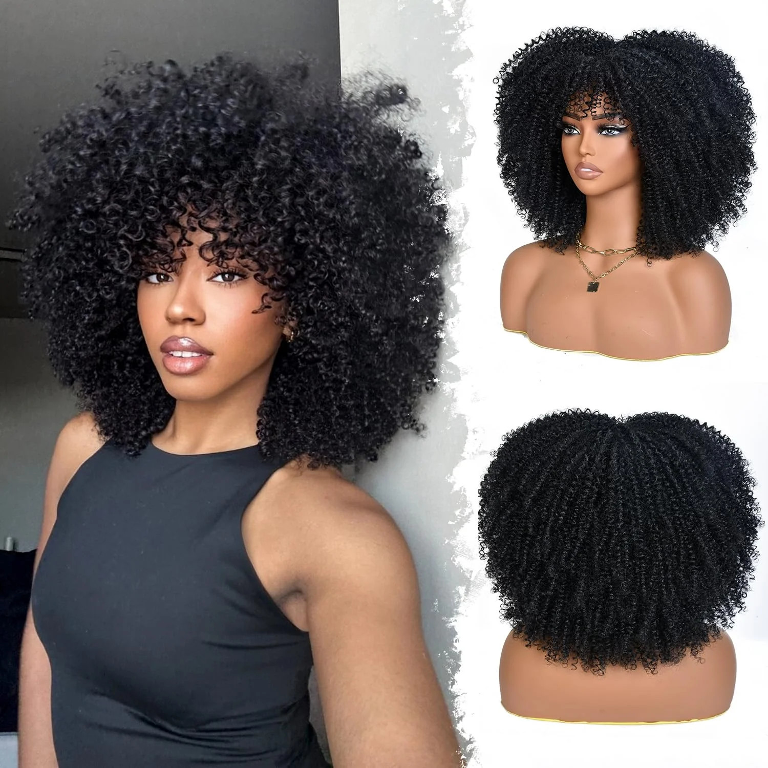 Afro Curly Wig with Bangs Black 14 Inch Short Synthetic Afro Wig Black Kinky Cur