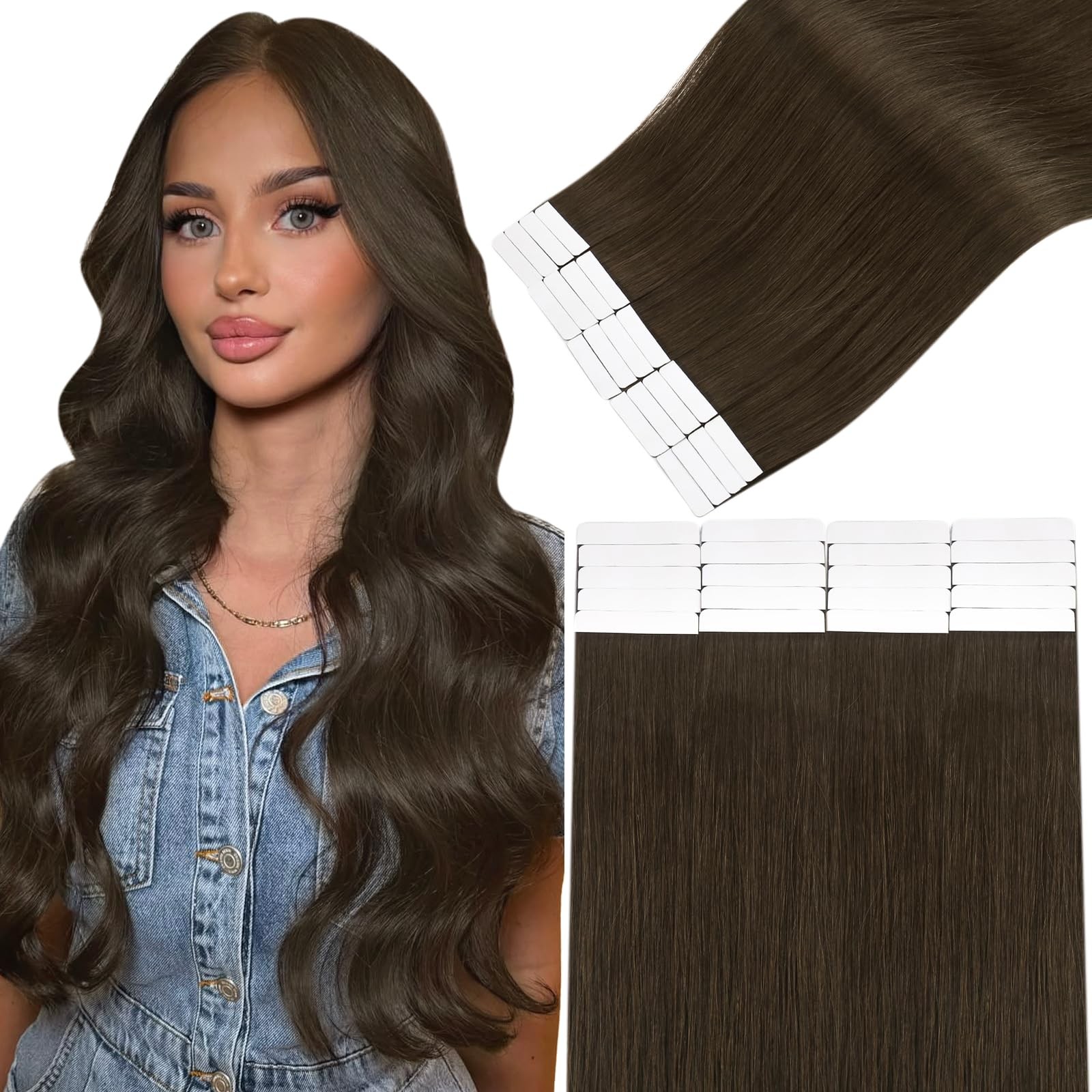 Easyouth Dark Brown Tape-in Hair Extensions 18in 40g 20pcs Soft Smooth Human Hai